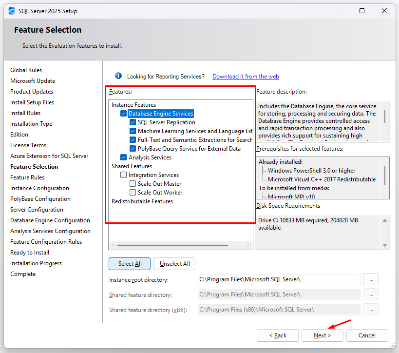Feature selection and click on next button